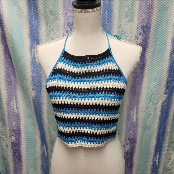 bp Tops - BP. Nordstrom crochet halter top womens blue-black zippy stripe tie NWT